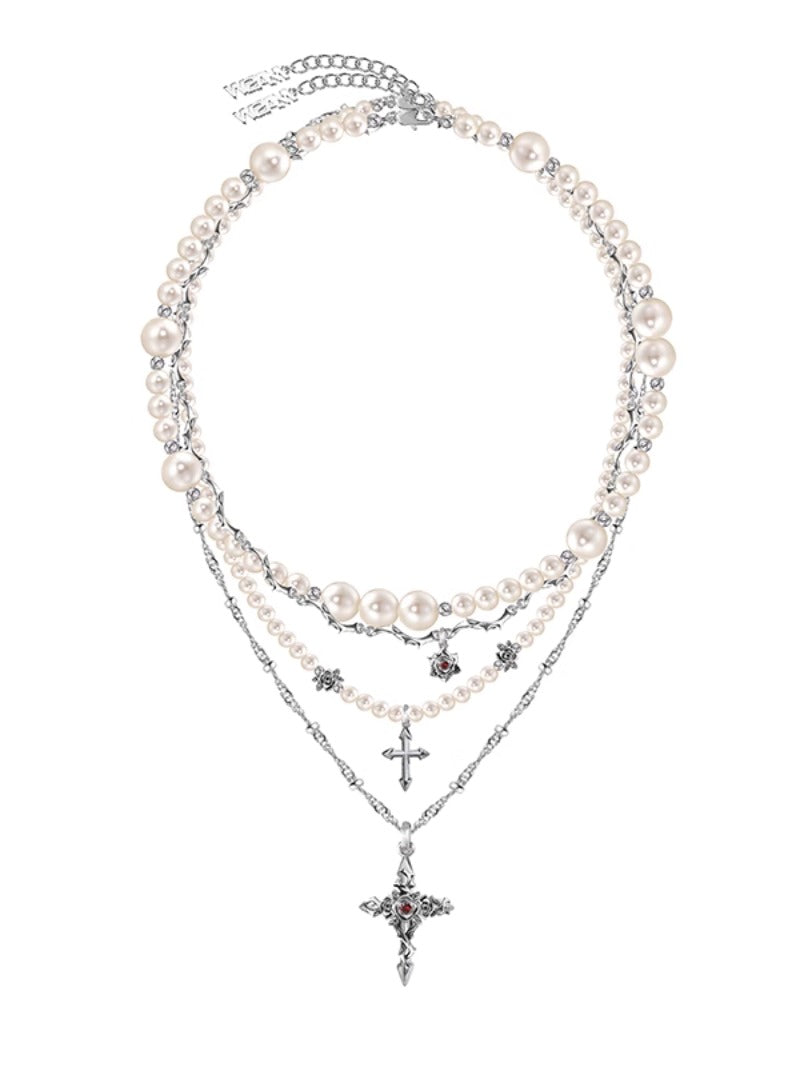 Baroque pearl cross necklace with layered chains