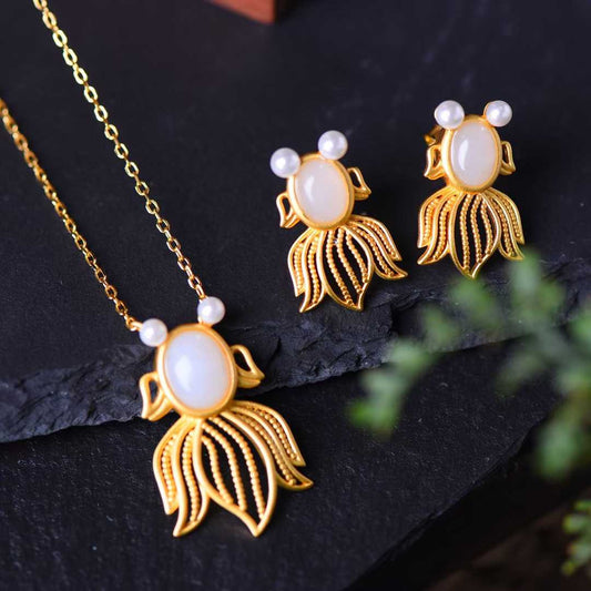925 Silver Inlaid Nephrite Jewelry Set with Thick Matte Gold Fish Pendant