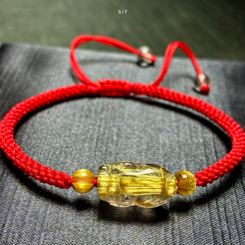 Natural Titanium Rutilated Quartz Pixiu Red String Bracelet