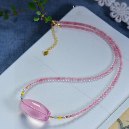 Natural Mozambique Rose Quartz Fortune Bead Collarbone Necklace