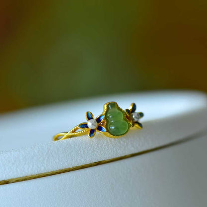 925 Silver Inlaid Hetian Nephrite "Gourd & Orchid" Ring
