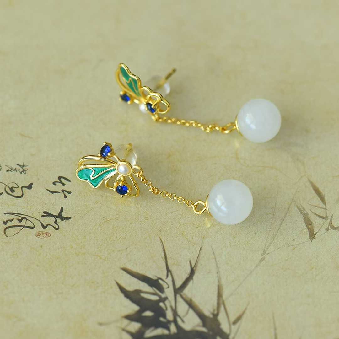 925 Silver Inlaid Nephrite "Butterflies in Flight" Stud Earrings