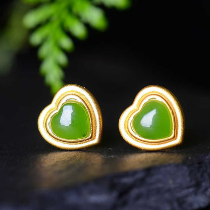 925 Silver Inlaid Hetian Spinach Green Nephrite Heart-Shaped Stud Earrings
