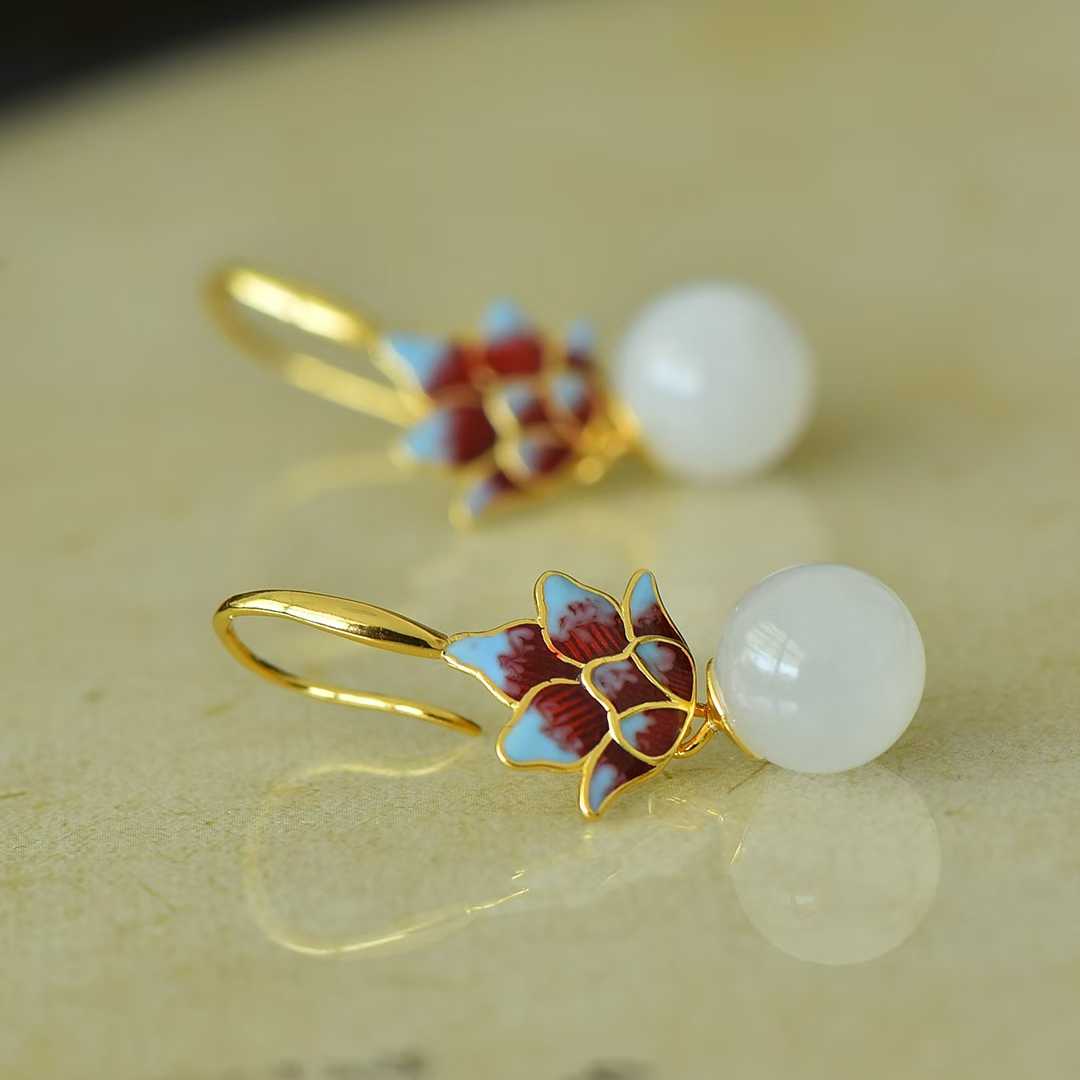 925 Silver Inlaid 10mm Nephrite (White Jade) Enamel Earrings