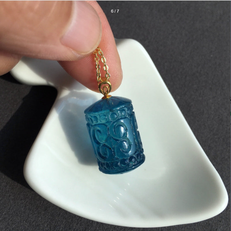 Natural Aquamarine Carved Greek Key Fortune Bead Pendant