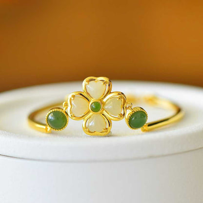925 Silver Inlaid Hetian Nephrite "Luck Arrives" Four-Leaf Clover Bracelet