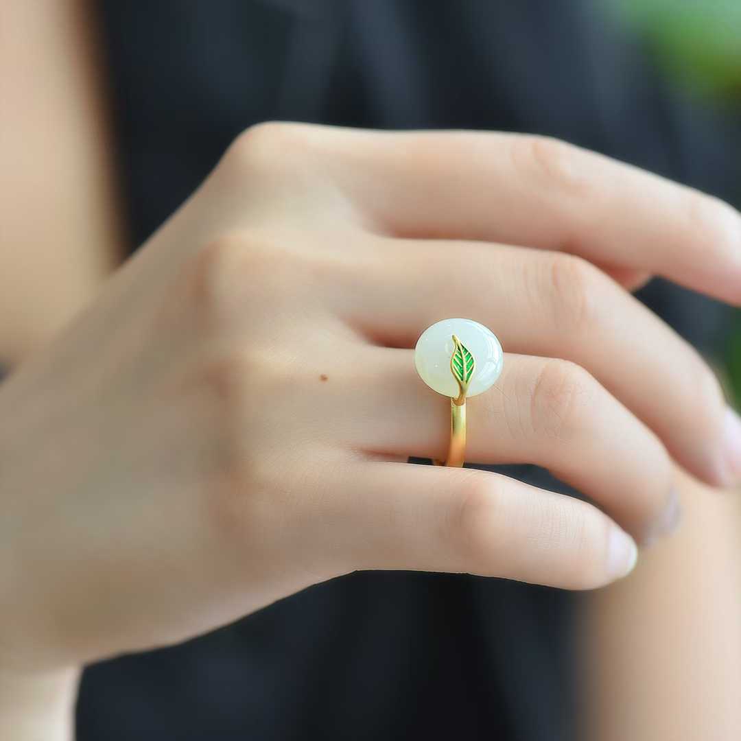 925 Silver Inlaid Hetian Peace Buckle Ring