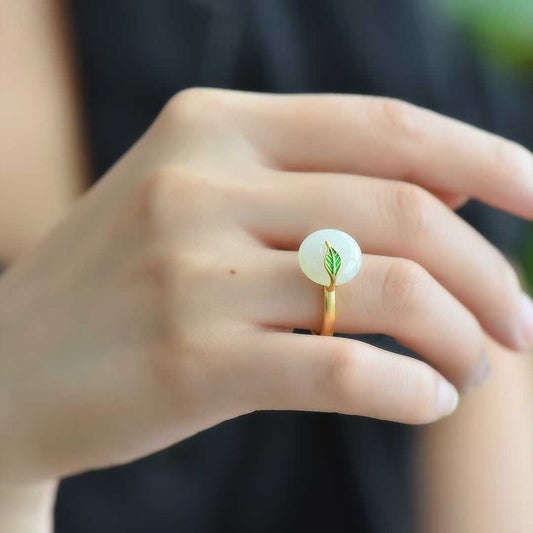 925 Silver Inlaid Hetian Peace Buckle Ring