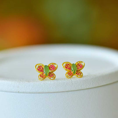 925 Silver Inlaid Hetian Nephrite "Dreamy Butterfly" Stud Earrings