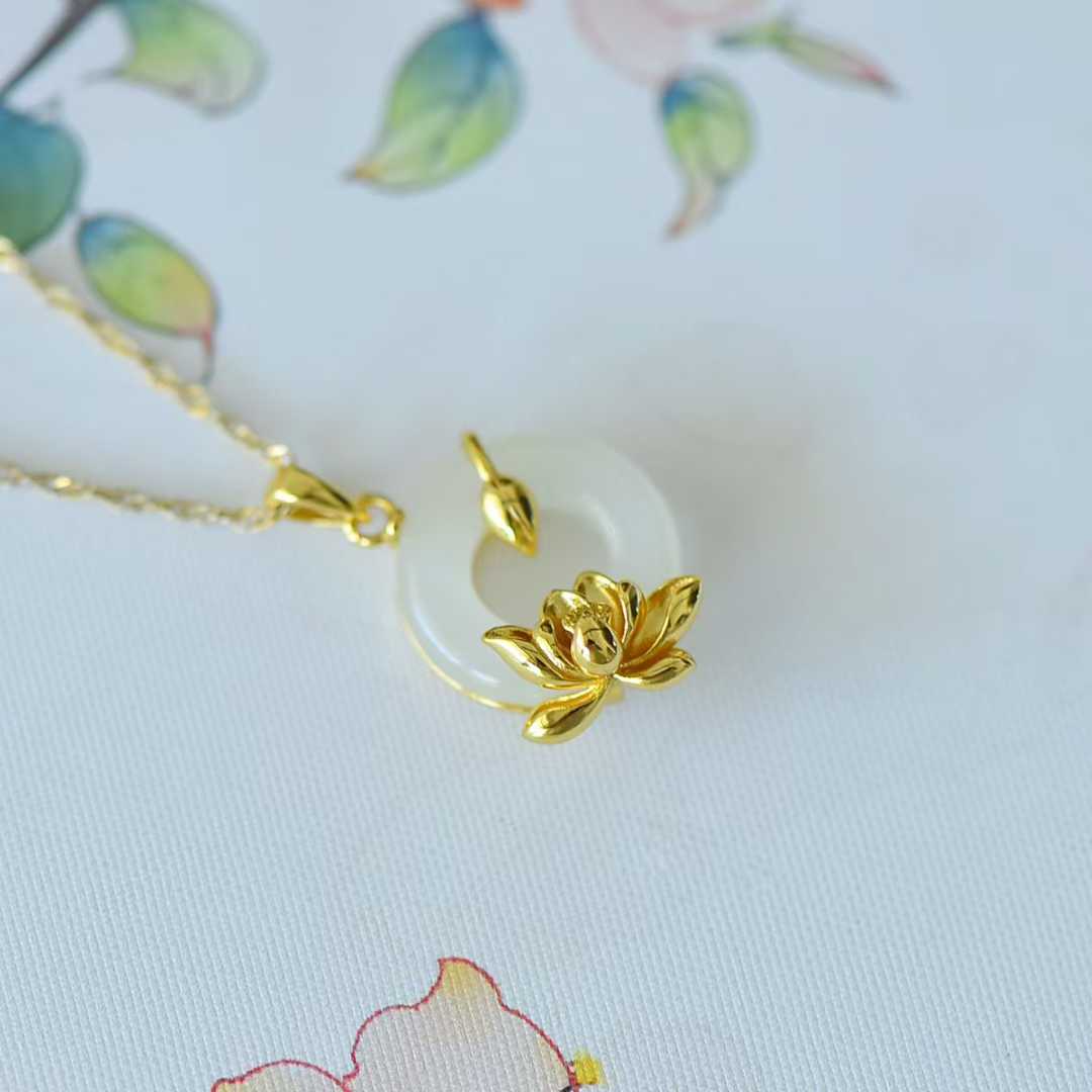 925 Silver Inlaid Hetian Nephrite Peace Ring & Lotus Pendant