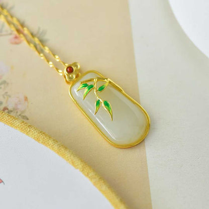 925 Silver-Inlaid Hetian Jade Pendant (Trapezoidal Peace Plaque, "Bamboo Conveys Peace" Design)