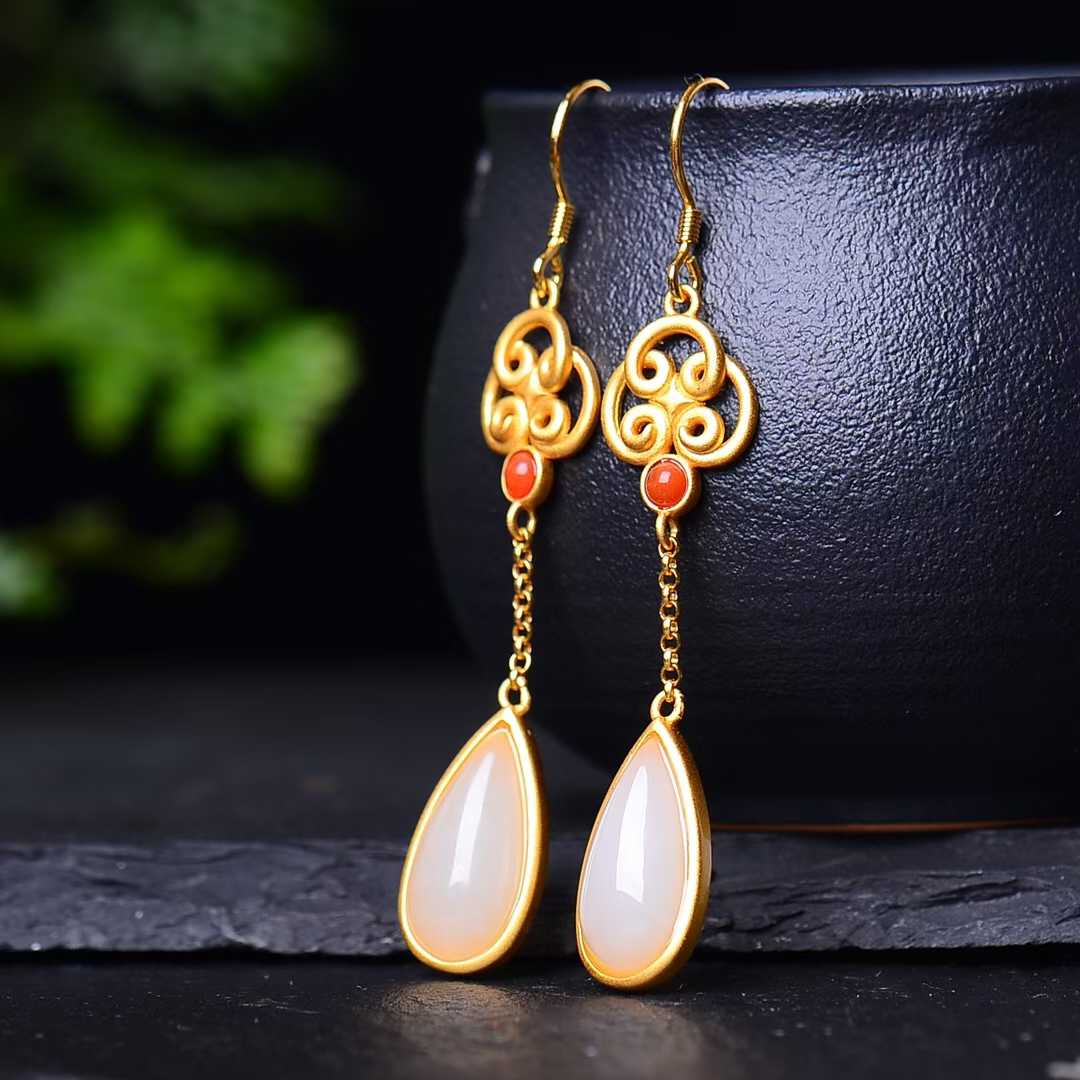 925 Silver Inlaid Hetian Jade Teardrop Earrings