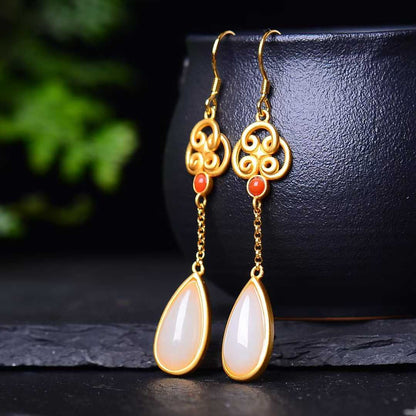 925 Silver Inlaid Hetian Jade Teardrop Earrings