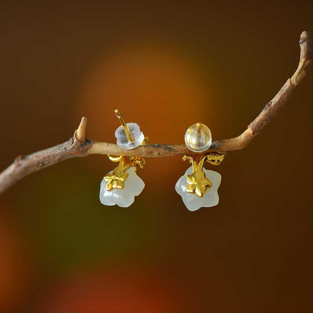 925 Silver Inlaid Nephrite Five-Petal Flower Stud Earrings