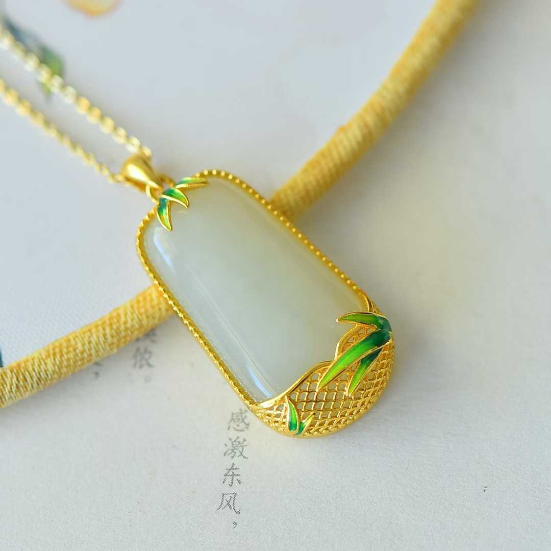 925 Silver-Inlaid Hetian Jade Pendant (Trapezoidal Peace Plaque, "Magnolia & Bamboo Convey Peace" Design)
