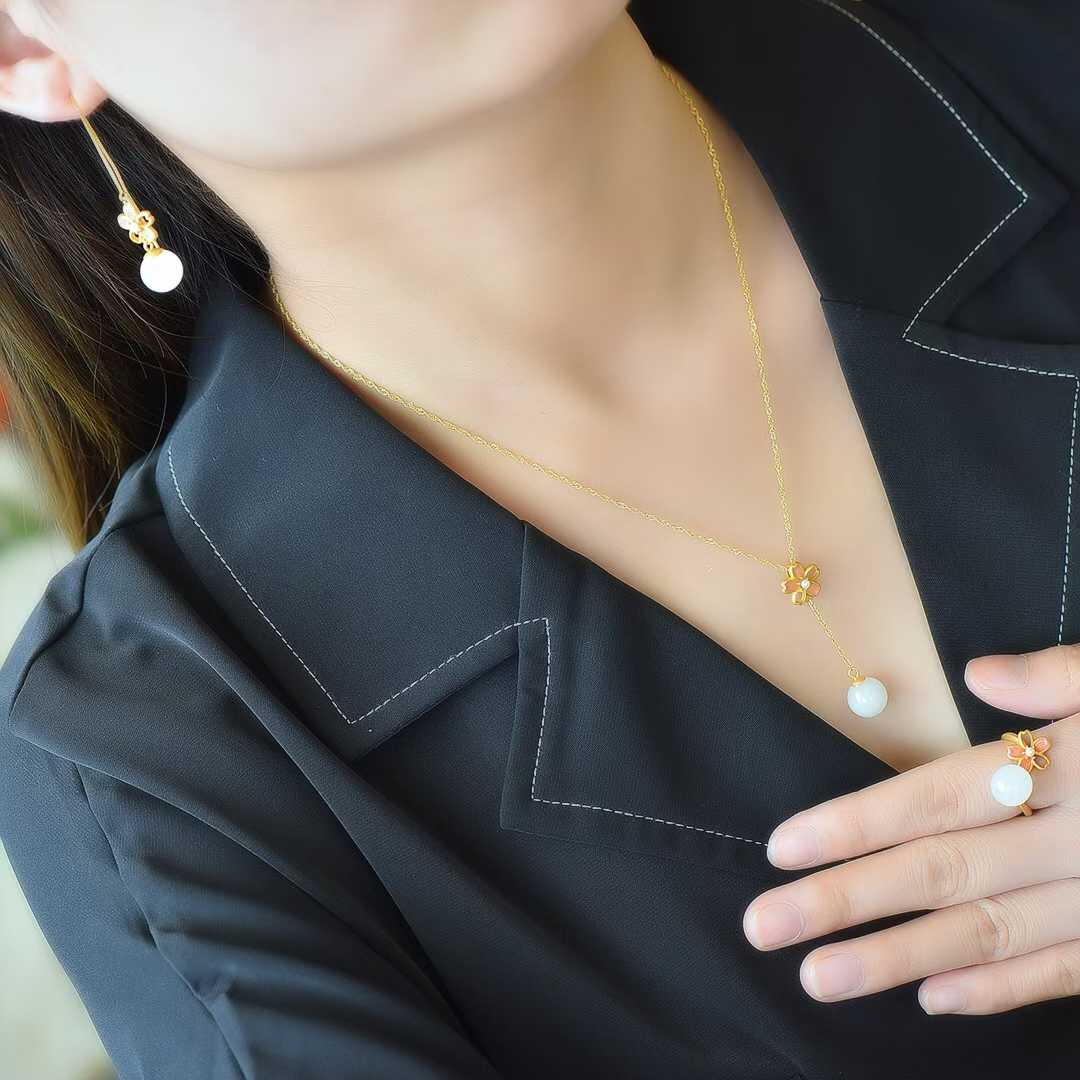  Sterling silver nephrite three-piece set - cherry blossom vintage elegance and refinement