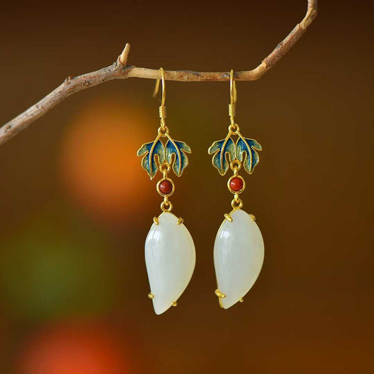 925 Silver Inlaid White Hetian Nephrite "Great Achievement" Willow Leaf Dangle Earrings