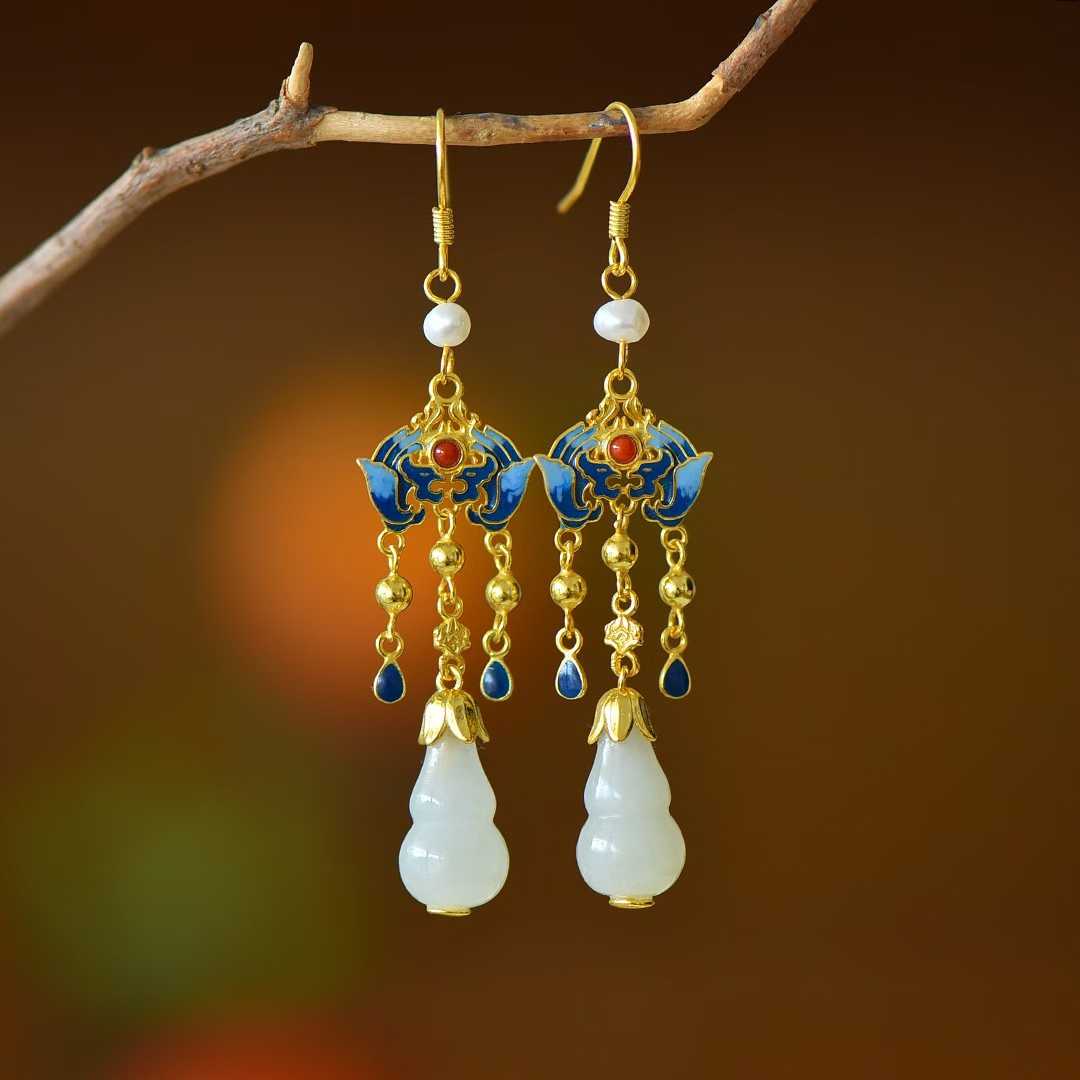 925 Silver Inlaid Hetian Nephrite "Gourd: Fortune & Blessing" Tassel Earrings
