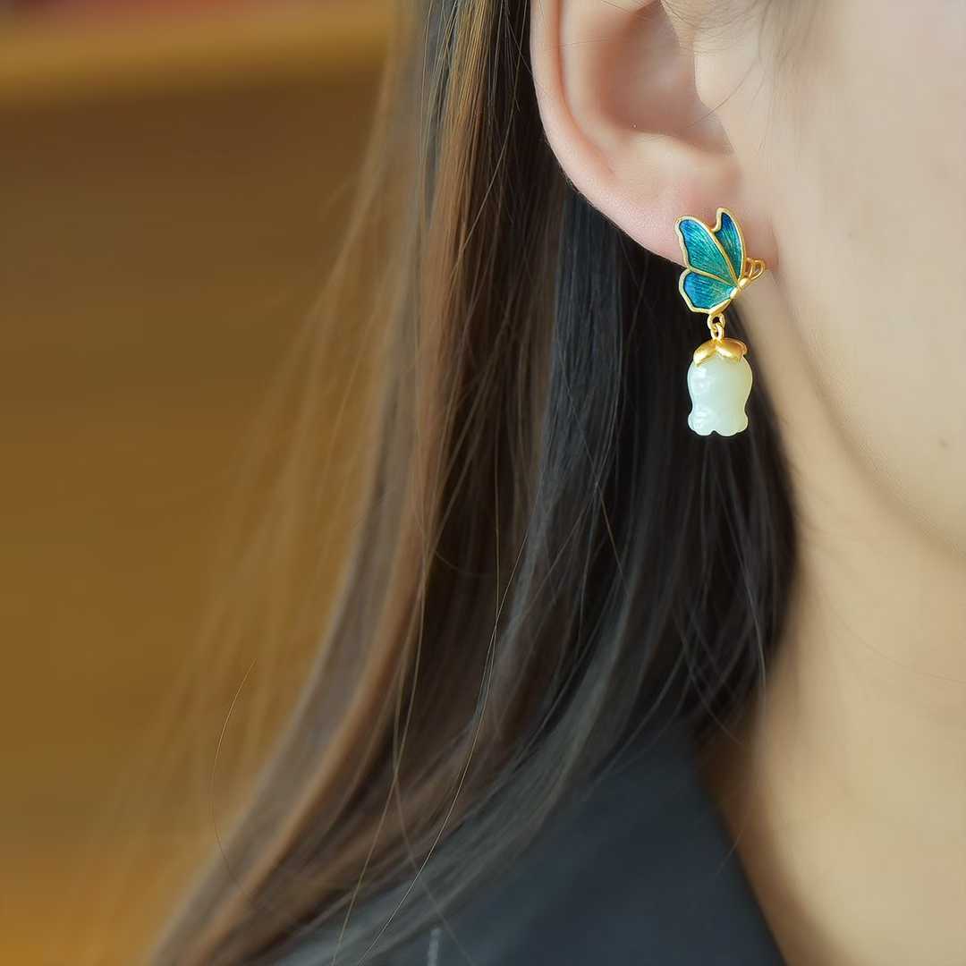 925 Silver Inlaid Nephrite Pomegranate Flower and Butterfly Earrings
