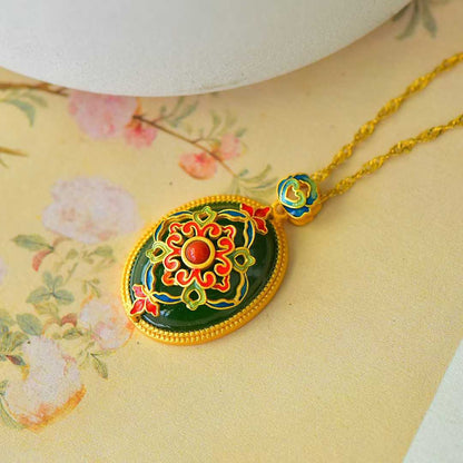 925 Silver-Inlaid Hetian Green Jade Pendant with "Continuous Blessings & Fortune" Meaning & Enamel Accents