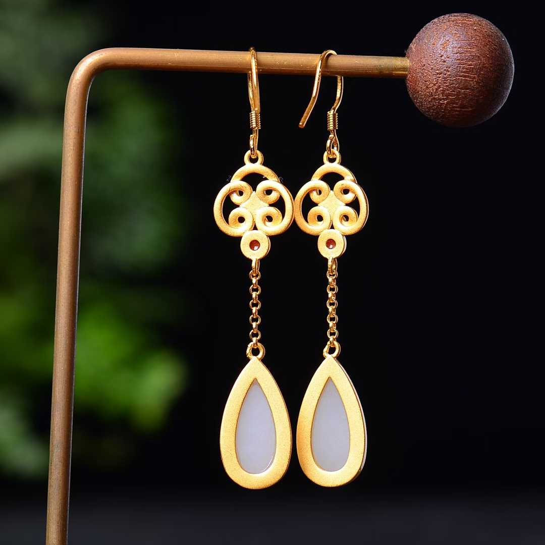 925 Silver Inlaid Hetian Jade Teardrop Earrings