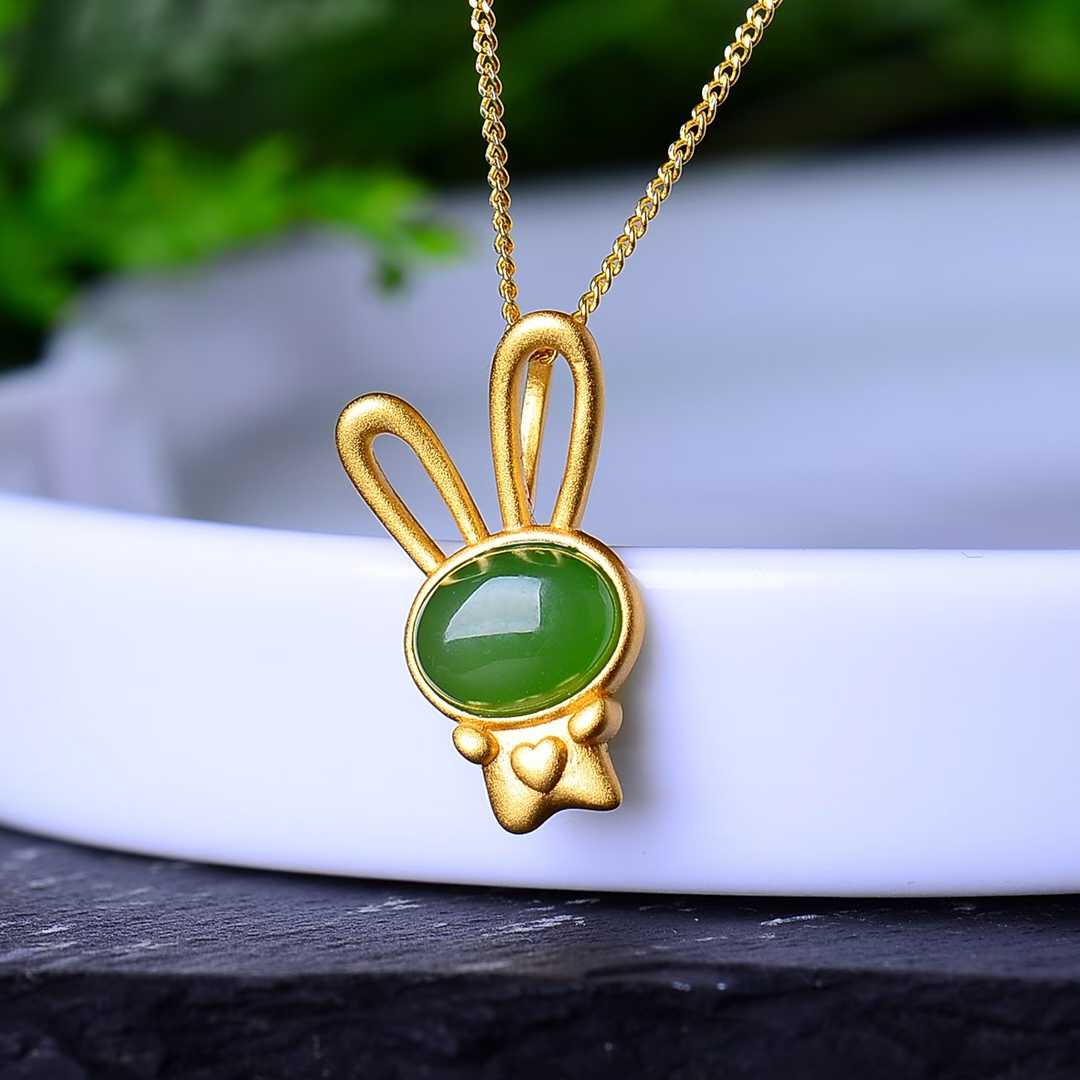 925 Sterling Silver-Inlaid Hetian Green Jade Rabbit 🐰 Pendant with Thick Matte Gold Plating