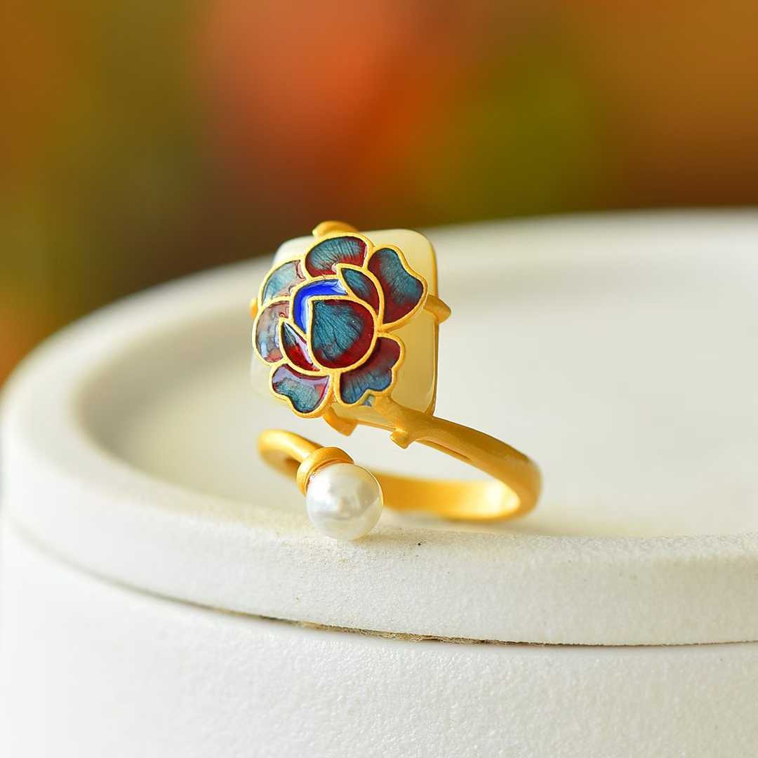 S925 Silver Inlaid Hetian Nephrite Peony Enamel Ring
