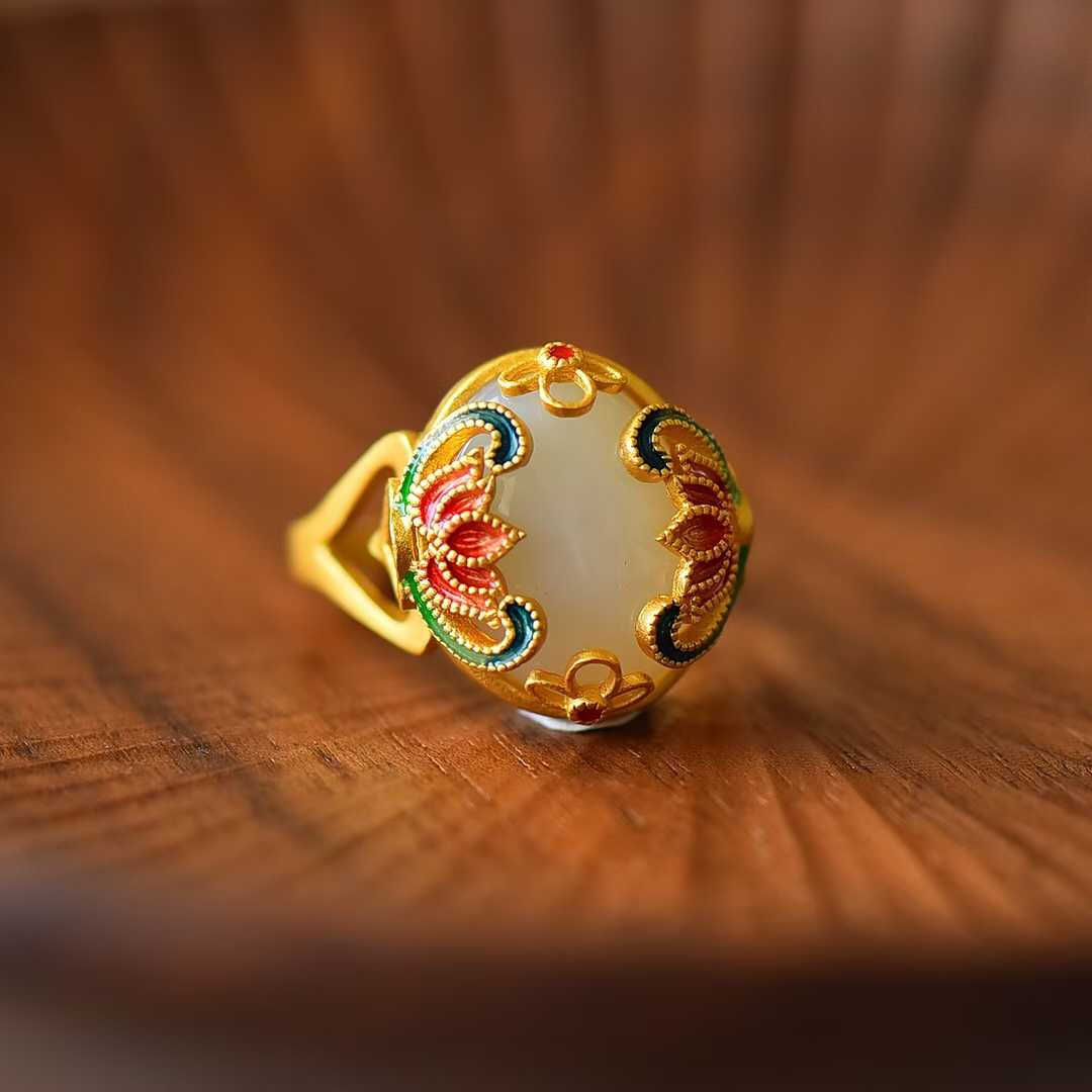925 Silver Inlaid Red Enamel & White Hetian Nephrite Cabochon Ring