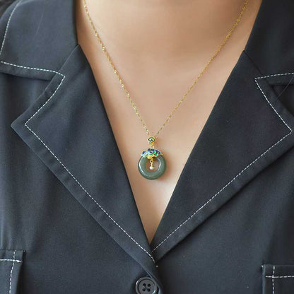 925 Silver Inlaid Hetian Nephrite "Sunny Water Variety & Auspicious Clouds Peace Ring" Pendant