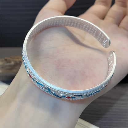 Heart Sutra Ancient Enamel Phoenix Feather Sterling Silver Bracelet