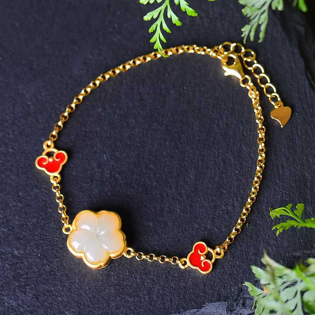 925 Silver Inlaid Hetian Jade Five-Petal Flower Four-Piece Set