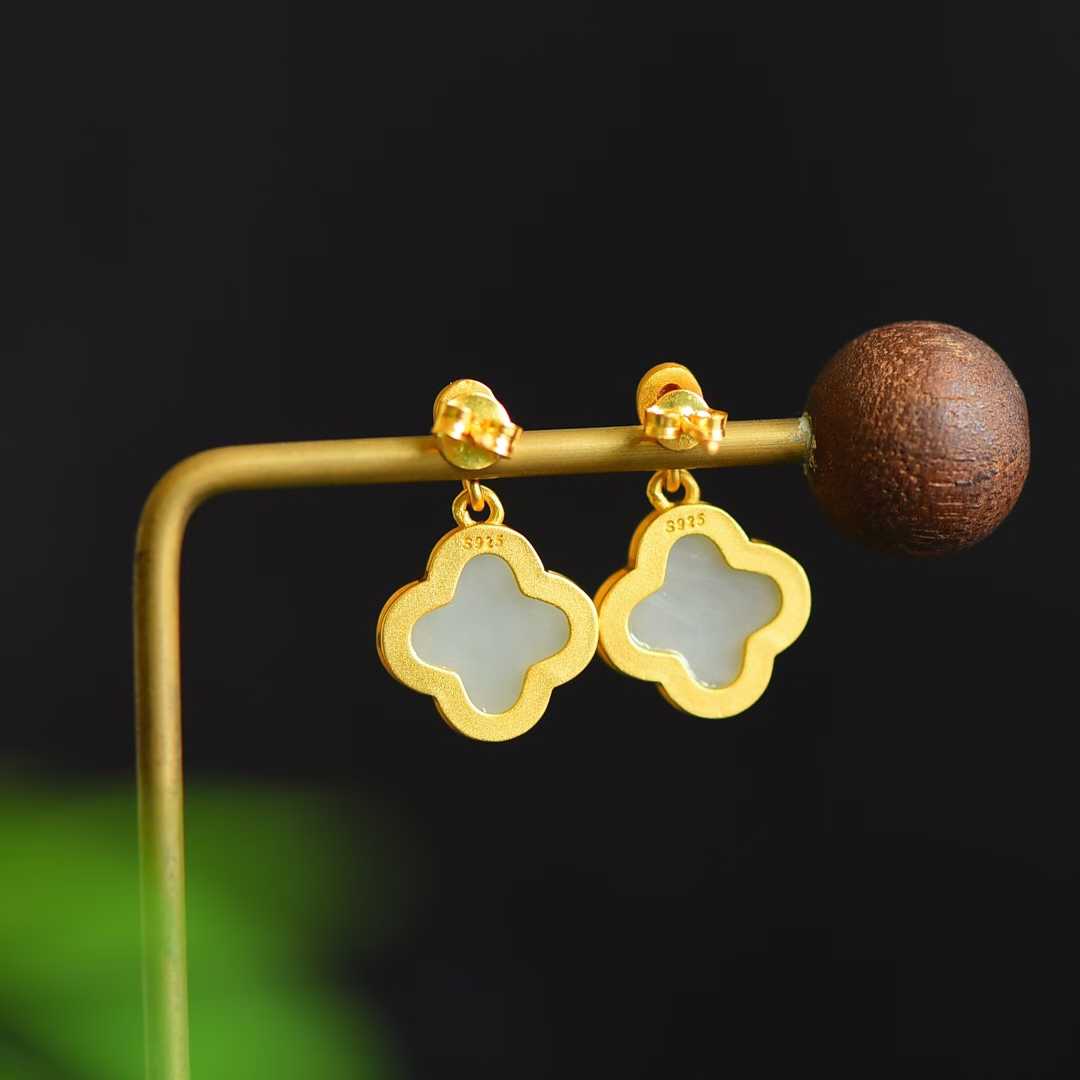 925 Silver Inlaid Nephrite Double-Sided Four-Leaf Clover Earrings