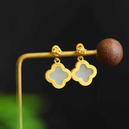 925 Silver Inlaid Nephrite Double-Sided Four-Leaf Clover Earrings