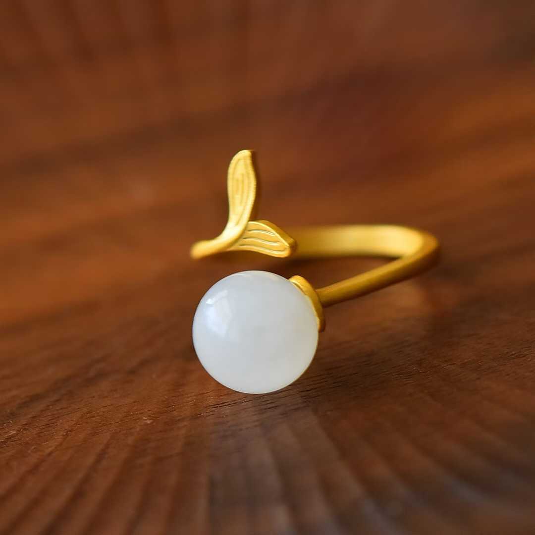 925 Silver Inlaid Hetian Nephrite Mermaid Tail Ring