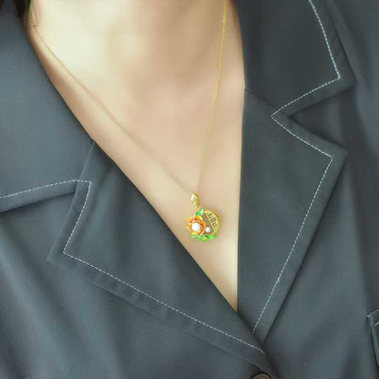 925 Silver Inlaid Hetian Nephrite "Blooming Prosperity" with Pearl Pendant