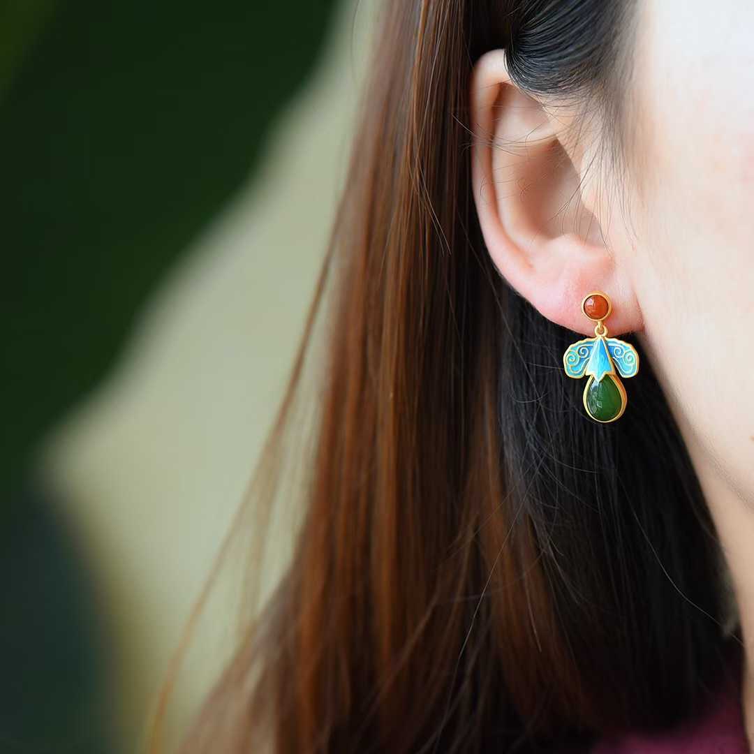 925 Silver Inlaid Nephrite Green Jade Teardrop Enamel Earrings
