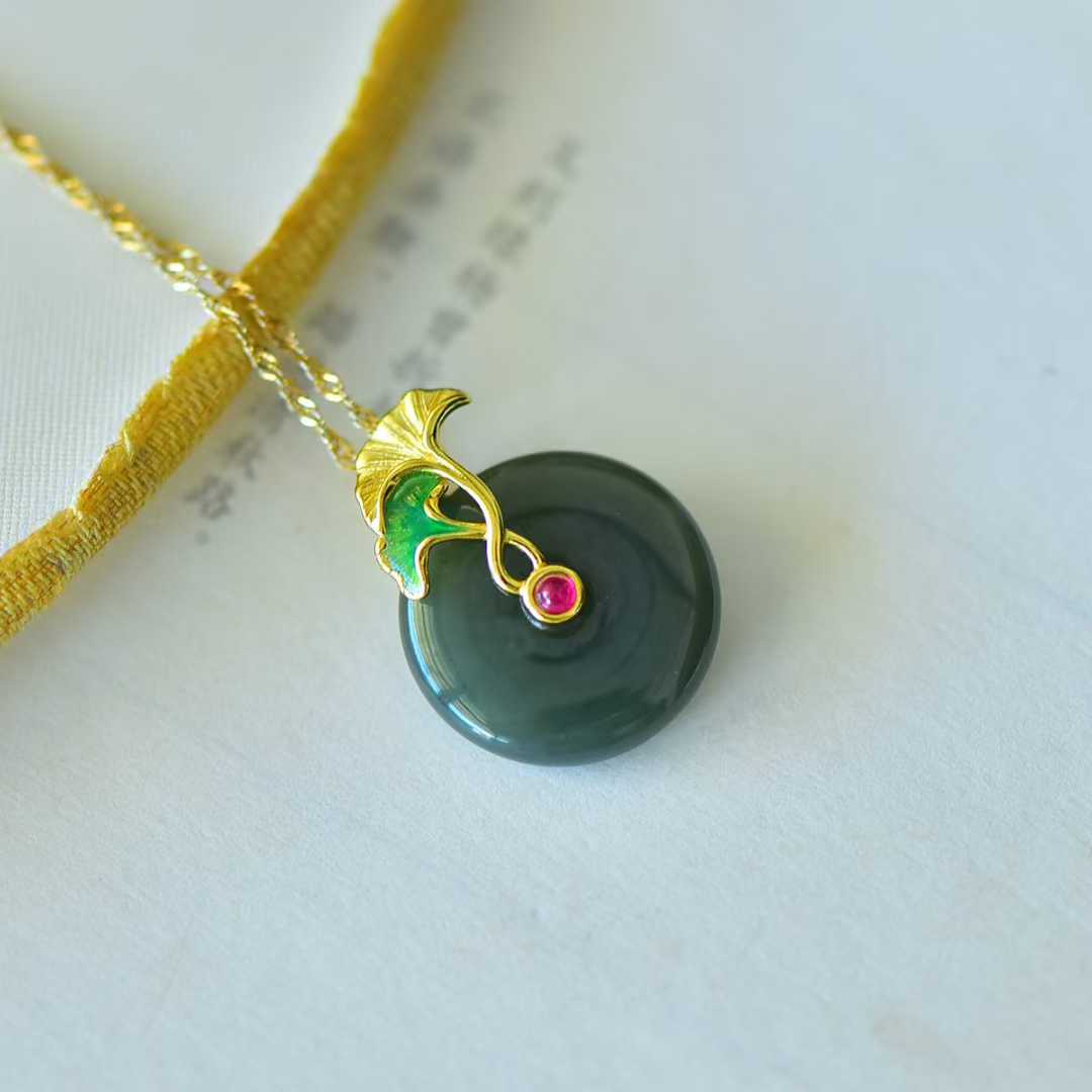 925 Silver Inlaid Hetian Nephrite "Peace Buckle & Lifetime of Good Fortune" Pendant