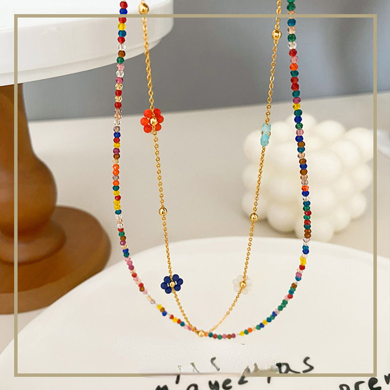 High-grade colorful zircon beaded flower stacking necklace - jewelryweilin
