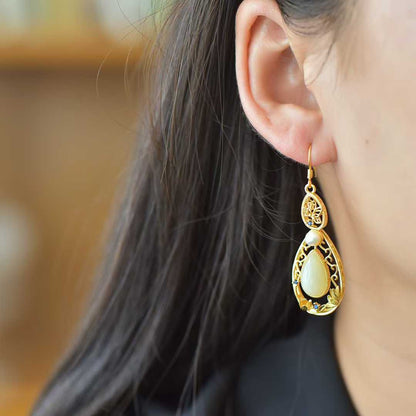 925 Silver Inlaid Nephrite "Lotus of Good Fortune" Teardrop Earrings