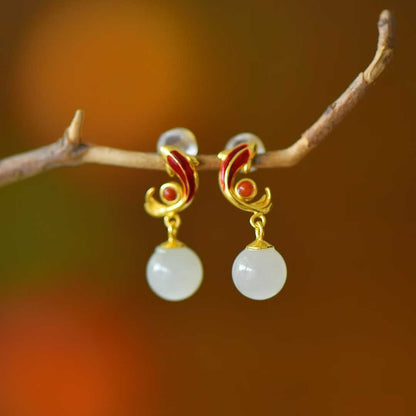 925 Silver Inlaid White Hetian Nephrite "Abundance Every Year" Fish Stud Earrings