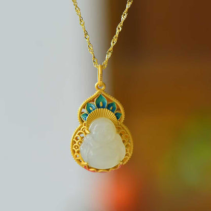 925 Silver Inlaid Hetian Nephrite "Maitreya Buddha & Gourd Enamel" Pendant