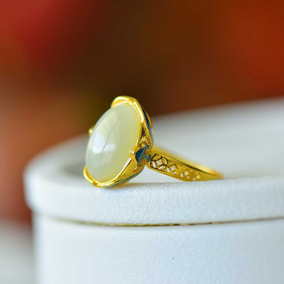 S925 Silver Inlaid Nephrite "Zhao Cai Jin Bao An Kang" Ring