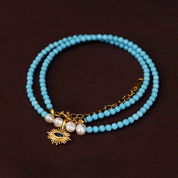 Ladies Vintage Evil Eye Natural Stone Pearl Necklace - jewelryweilin