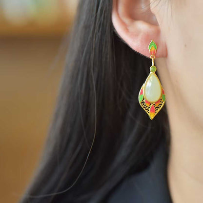 925 Silver Inlaid Nephrite "Graceful Lady by Autumn Waters" Teardrop Stud Earrings