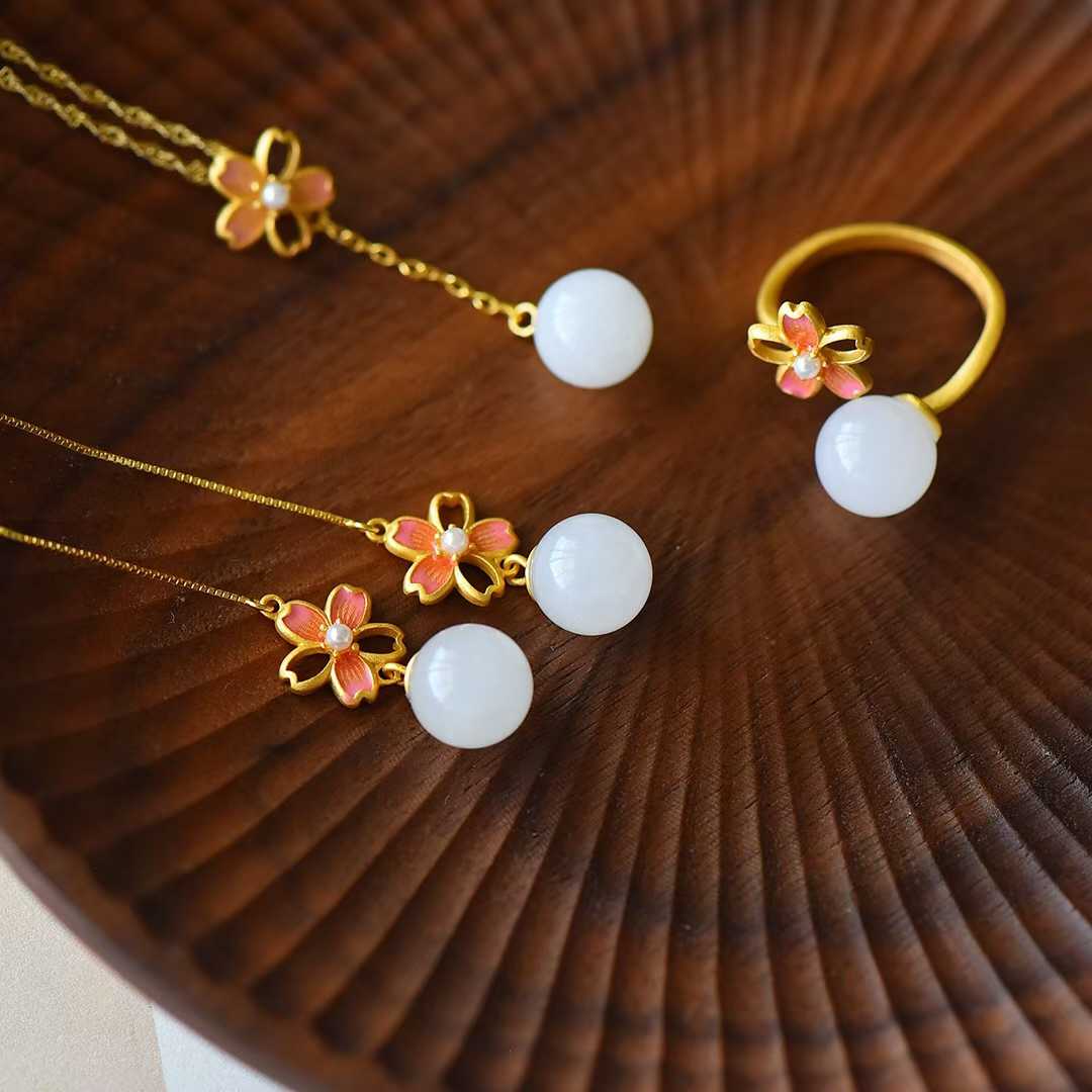 S925 silver inlaid nephrite Cherry Blossom three-piece jewelry set - vintage carved collection