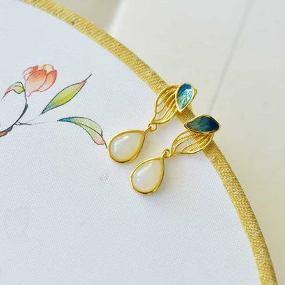 925 Silver Inlaid Hetian Nephrite "Golden Branch & Jade Leaf" Earrings