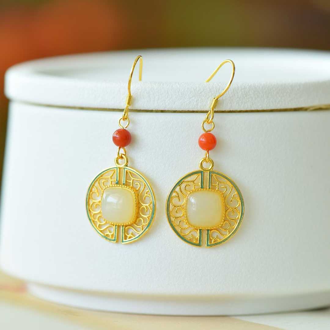 Vintage-Style Silver Inlaid Nephrite "Wanshou Vine" Earrings