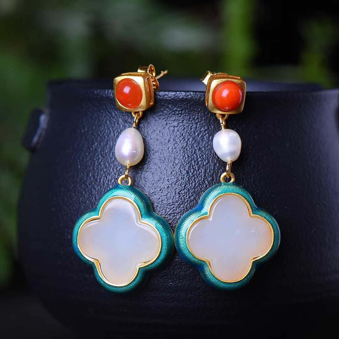 925 Silver Inlaid Nephrite Enamel Four-Leaf Clover Jewelry Set