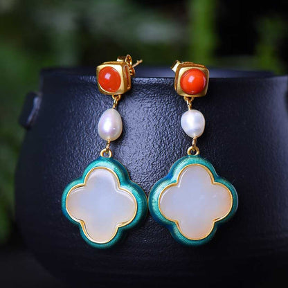 925 Silver Inlaid Nephrite Enamel Four-Leaf Clover Jewelry Set