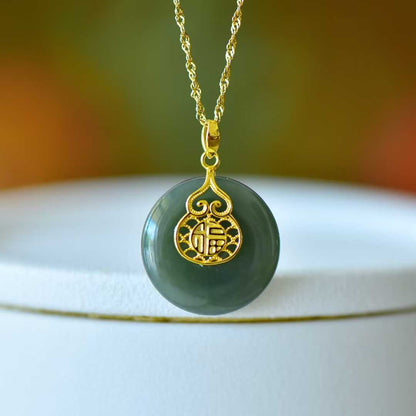 925 Silver Inlaid Hetian Nephrite "Peace Buckle & Gourd" Pendant